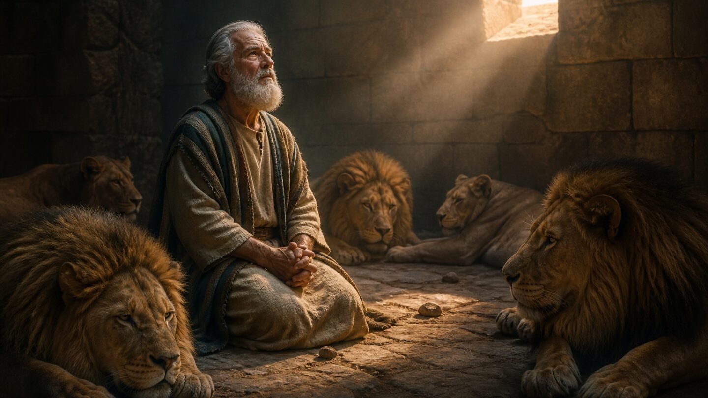 Daniel permanece en calma entre los leones dentro del foso al amanecer