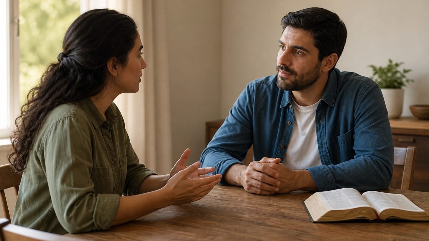 Dos personas mantienen una conversación tranquila mientras una escucha con atención