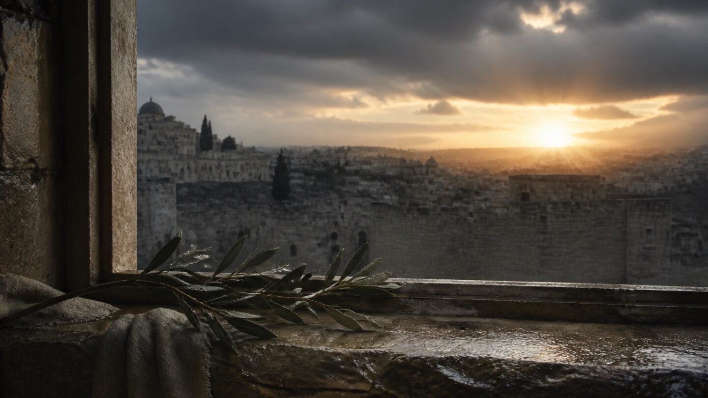 Luz del amanecer después de la tormenta sobre una ciudad antigua