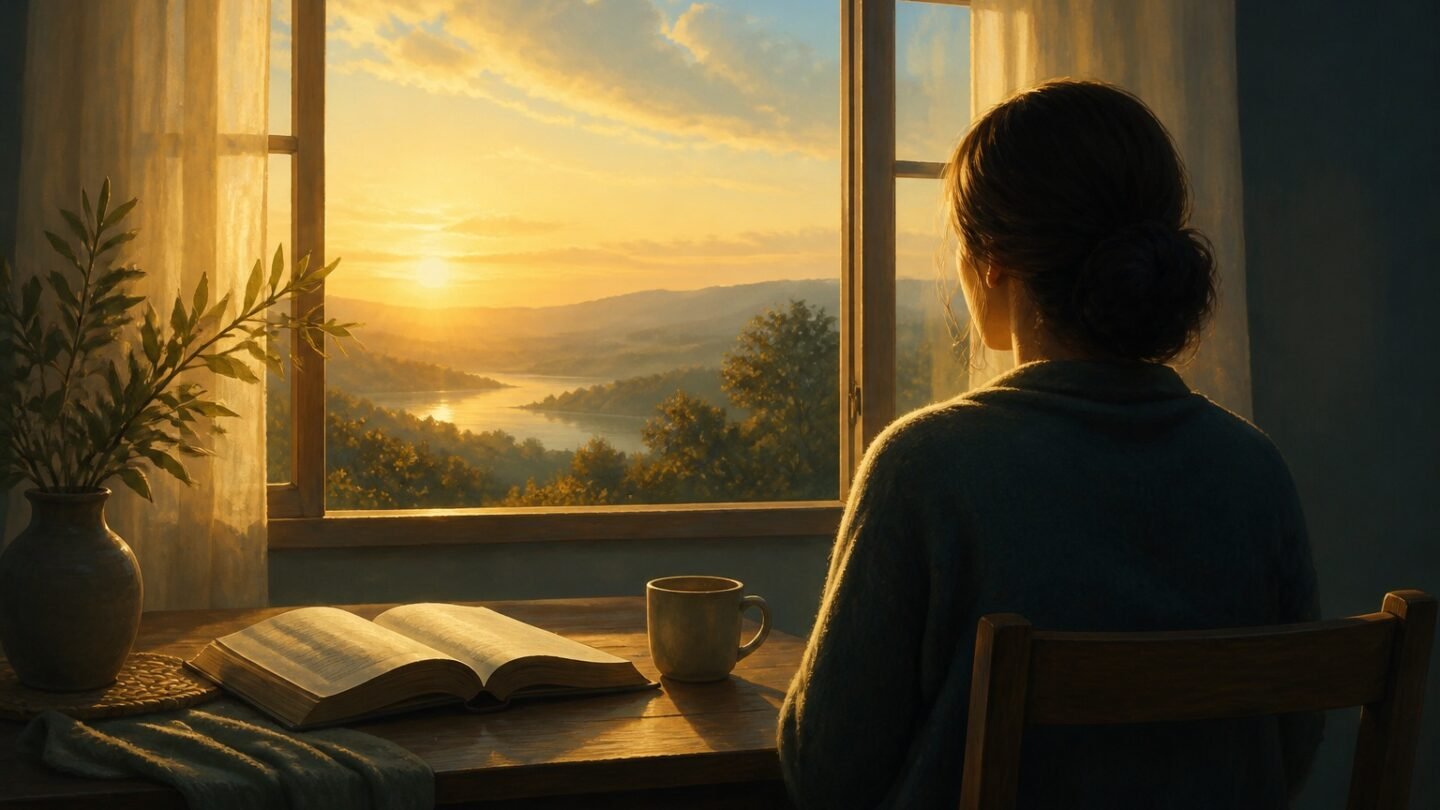 Persona contemplando el amanecer junto a una Biblia abierta