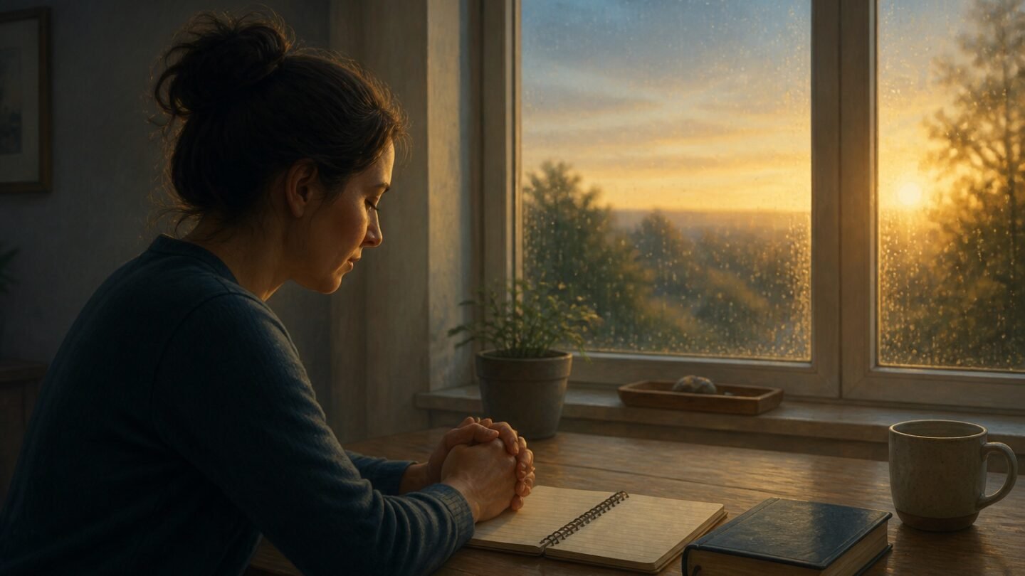 Mujer orando al amanecer junto a un cuaderno y una Biblia