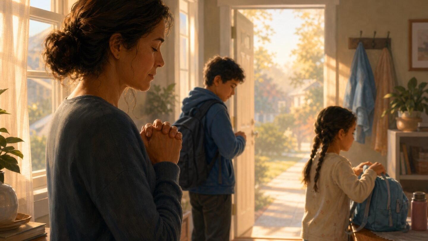 Una madre ora por sus hijos mientras se preparan para comenzar el día