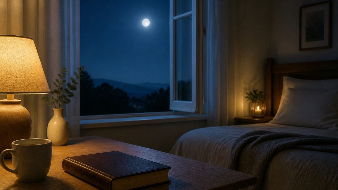 Biblia y taza junto a una ventana iluminada por la luna antes de dormir