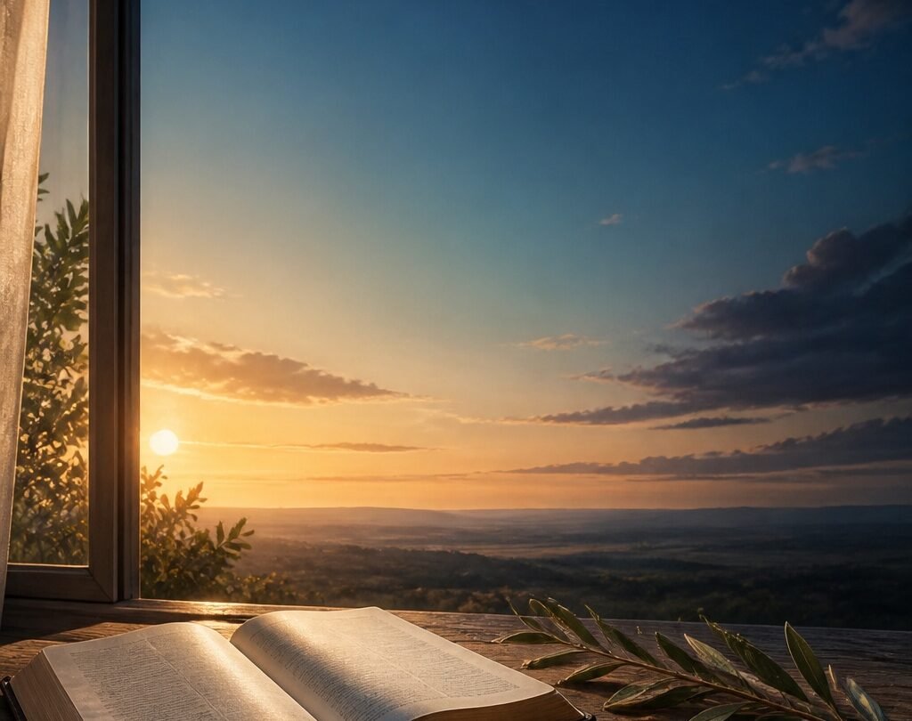 Biblia abierta y libreta junto a una ventana iluminada por el amanecer