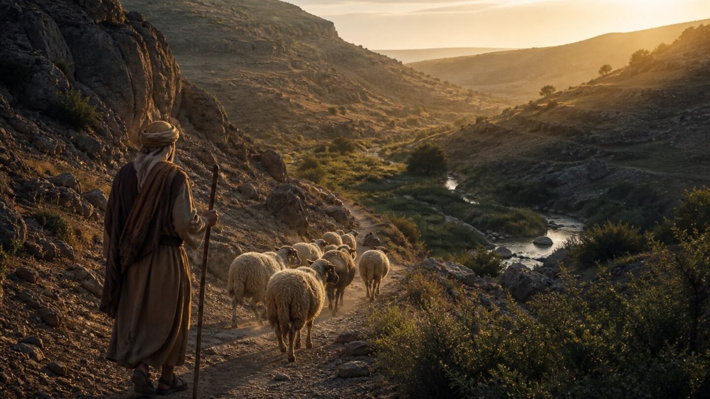 Un pastor guía a sus ovejas por un valle hacia un arroyo al amanecer